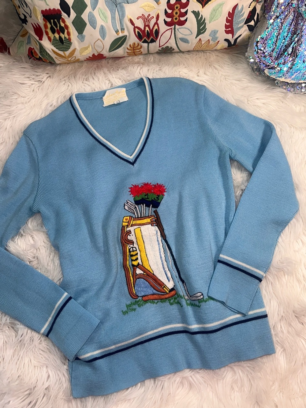 Vintage •  Women’s Andrew Argenti Blue Knit Long Sleeve Golf Sweater